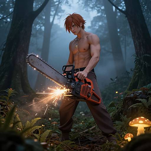Shirtless, muscular red-haired man with necklace operating chainsaw, surrounded by glowing mushrooms in a misty forest at twilight. Digital art.
