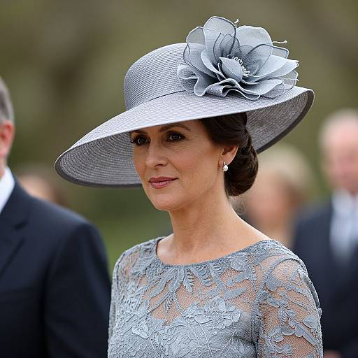 Photograph of a woman with light brown skin, dark hair in an updo, wearing a grey lace dress and large grey hat with a floral fasc