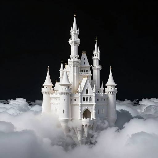 Photorealistic digital image of a white, multi-turreted castle floating amidst fluffy white clouds against a black background.