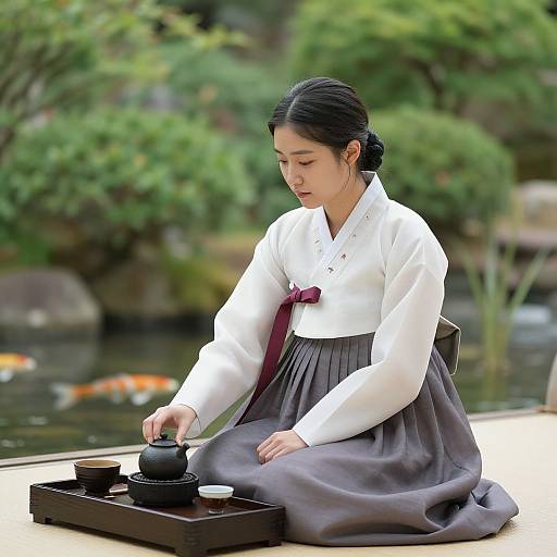 Serene Korean Tea Ceremony in Garden