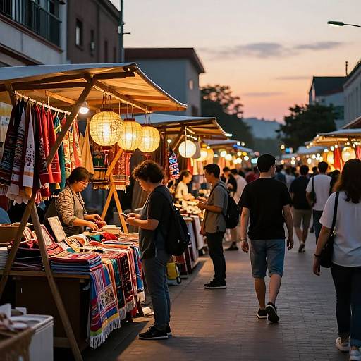 Photograph of a bustling evening market with brightly lit stalls, hanging lanterns, colorful textiles, and diverse shoppers walking along.