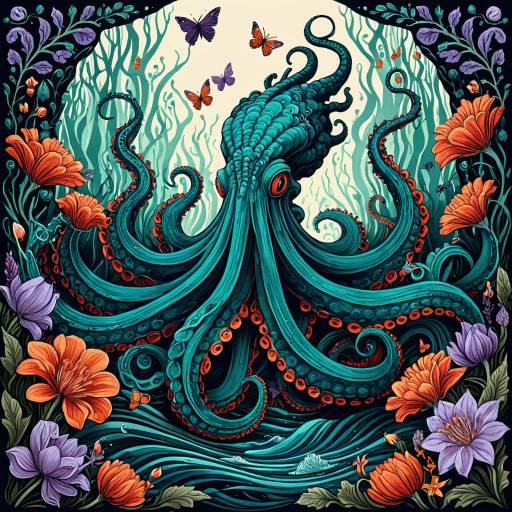 Surreal Kraken with Flowers and Butterflies
