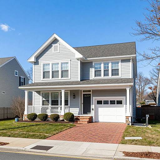 Photograph of a two-story, grey and white suburban house with a front porch, brick walkway, and garage under a clear blue sky.