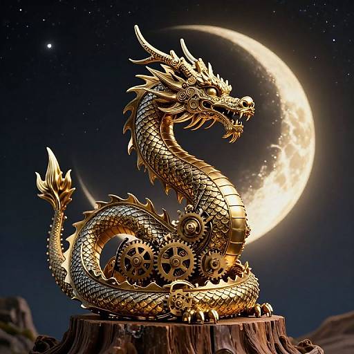 Digital artwork of a golden, mechanical dragon with intricate gears, coiled on a tree stump, under a glowing crescent moon in a starry night