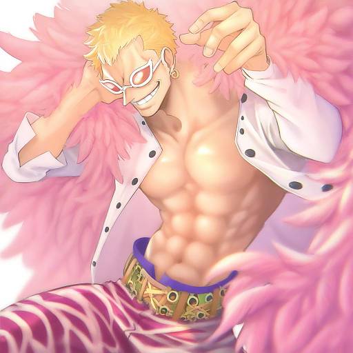 Illustration of Donquixote doflamingo, one piece in the style of Jj (ssspulse)