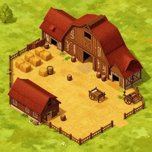 Isometric digital drawing of a rustic wooden barn with red roof, surrounded by hay bales, barrels, and a small shed on a grassy field