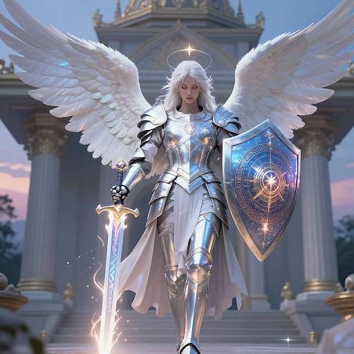 Digital art: Angelic warrior with white wings, silver armor, holding glowing sword and ornate shield, stands before grand temple at dusk.