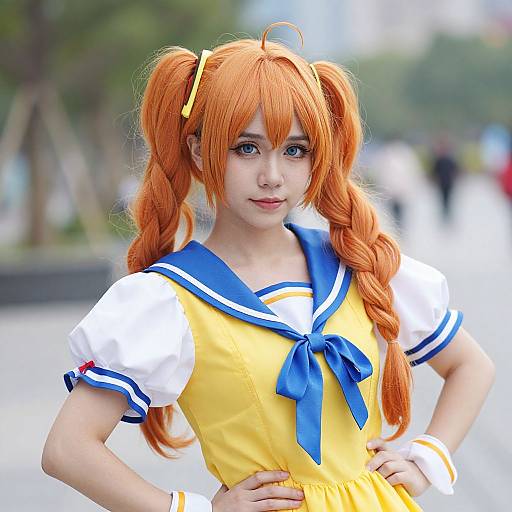 Photograph of a young Asian woman with orange pigtails, wearing a yellow and white anime-style sailor dress, standing confidently outdoors.