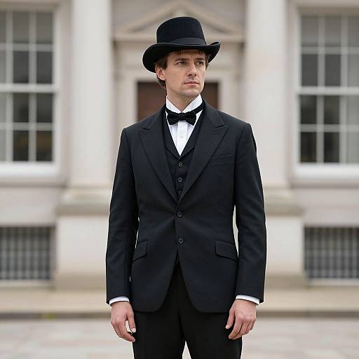 Photograph of a young white man with light skin, brown hair, wearing a black three-piece suit, black bow tie, and black hat, standing