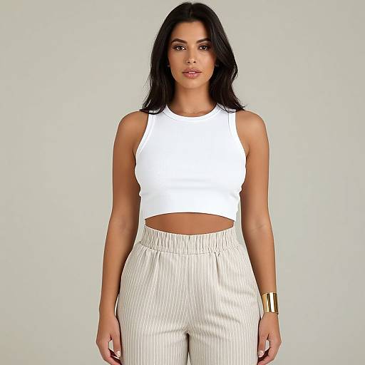 Photograph of a woman with long black hair, wearing a white sleeveless crop top and high-waisted white pinstripe pants, standing against