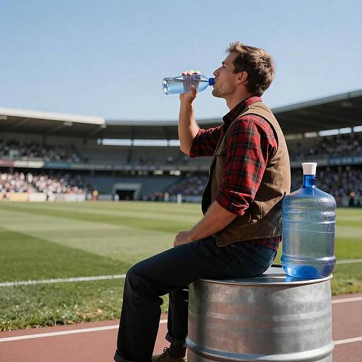 Man in Stadium with Water Bottle