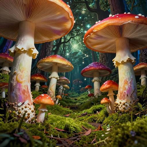 Photograph of glowing, red-capped mushrooms with white speckled stems, surrounded by green moss in a mystical, forested night scene.