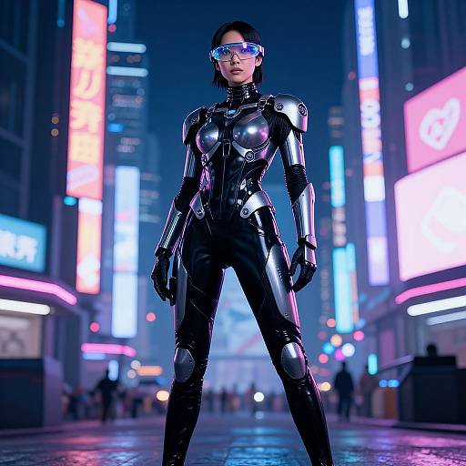 CGI image of a futuristic, black latex-clad woman with reflective armor and blue visor, standing confidently in a neon-lit, cyberpunk