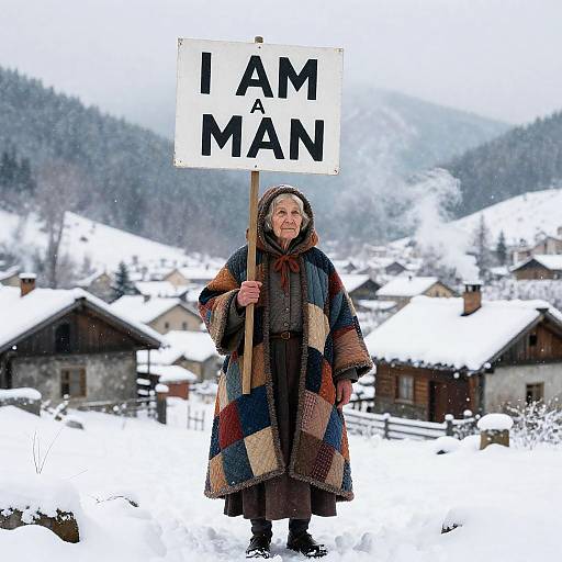 Elderly Woman Holding I AM A MAN Sign in Snowy Mountain Village