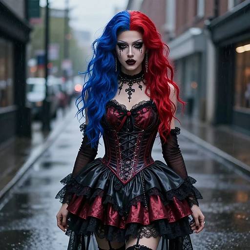 Gothic woman with vivid blue and red hair, black lace corset, and skirt, standing in a rainy urban street, photograph.