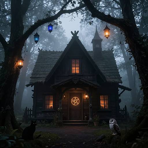 Mysterious Witch Cabin in Foggy Woods