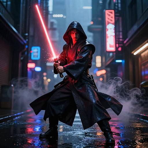 Cyberpunk city street at night, hooded figure with glowing red lightsaber, rain, neon signs, wet reflective ground, smoke, dynamic pose