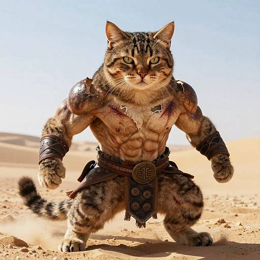 Digitally altered photograph of a muscular tabby cat in warrior attire, with torn armor and a belt, crouching in a desert. Bright sunlight