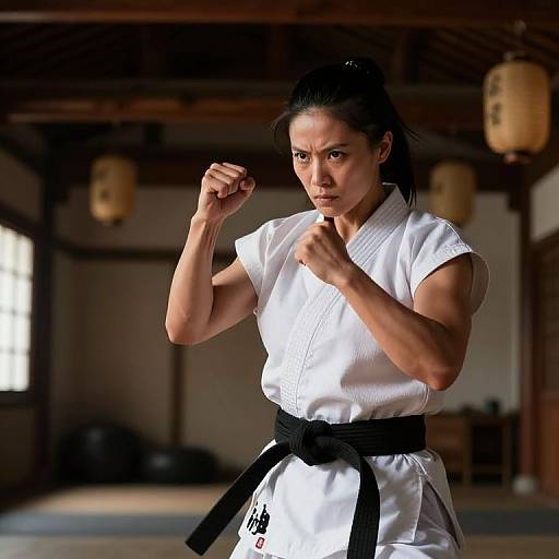 Photograph of a focused, muscular Asian woman in a white karate gi with black belt, fists raised in a dojo with wooden beams and hanging lantern