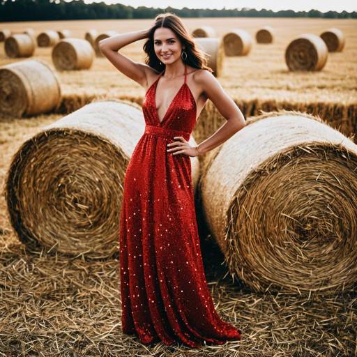 Joyful Woman in Red Dress in Hay Field