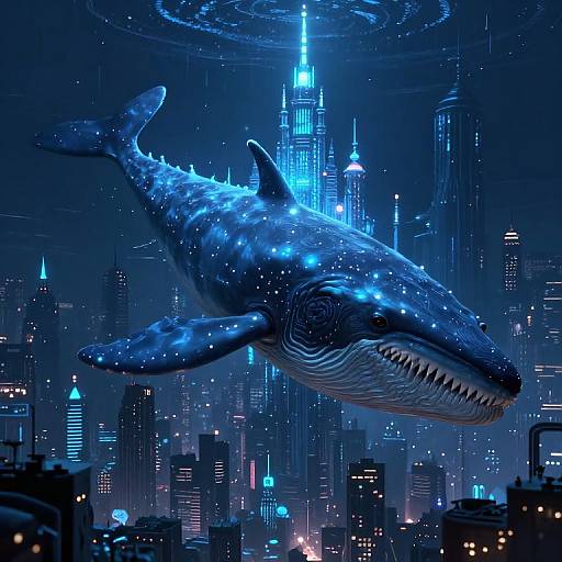 Digital artwork of a glowing, blue, bioluminescent whale with sharp teeth soaring above a futuristic, neon-lit cityscape with towering skyscrap