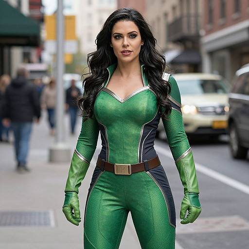 Photograph of a woman with long black hair, green and black superhero suit, brown belt, standing on a city street. Blurred background with pedestrians