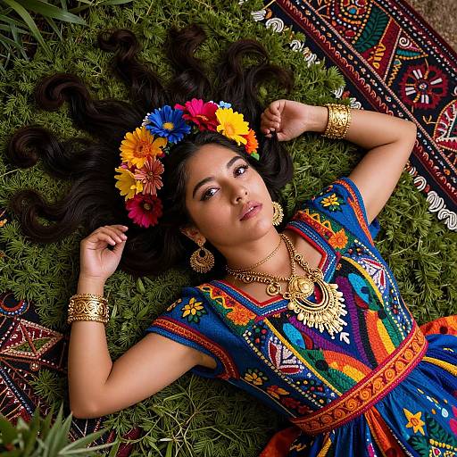 Photograph of a young woman with long dark hair, wearing a colorful traditional dress, flower headband, gold jewelry, lying on grass.