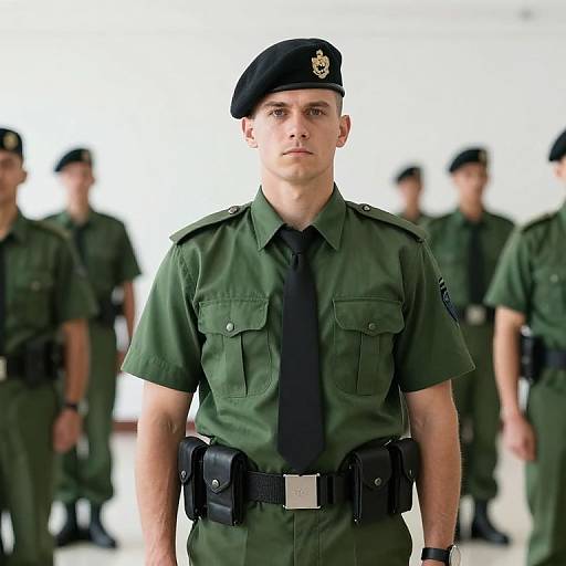 Photograph of a serious-looking male police officer in green uniform and black beret, standing front and center with blurred officers in background. Bright white background