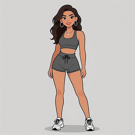 Digital illustration of a confident, smiling woman with long dark hair, wearing a gray sports bra, shorts, and white sneakers, standing on a white background