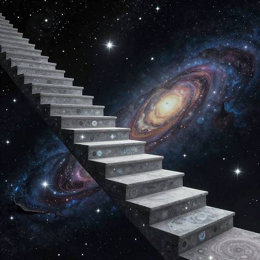Digital artwork: A glowing, staircase-like structure ascends through a starry, cosmic background with vibrant, swirling galaxies and twinkling stars.