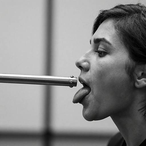 Black-and-White Profile Tongue Touching Metal Rod