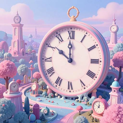 Whimsical digital illustration of giant pink clock centered in pastel-colored cityscape with mini clocks, trees, and winding path under blue sky.