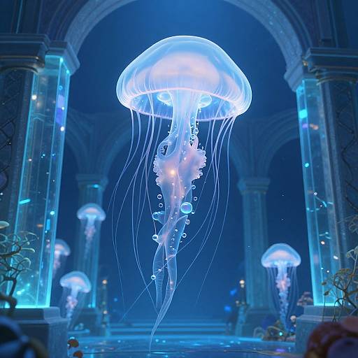 Photograph of a glowing blue jellyfish in a grand, illuminated, classical archway with other jellyfish in the background.