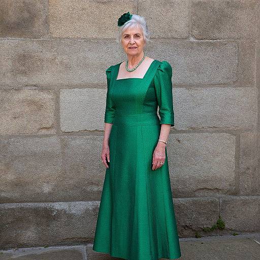 Photograph of an elderly woman with short white hair, wearing a green dress, pearl necklace, and black hat, standing against a stone wall.