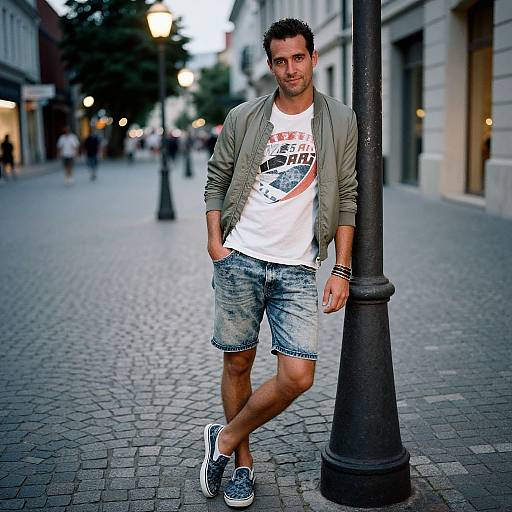 Photograph of a casually dressed, fit, white man with short dark hair, leaning against a lamp post on a cobblestone street. Wearing