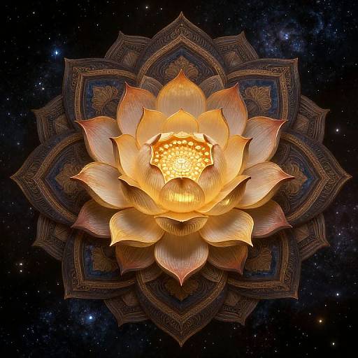 Digital artwork of a glowing, orange-yellow lotus flower with intricate, dark-patterned petals against a starry, cosmic background.