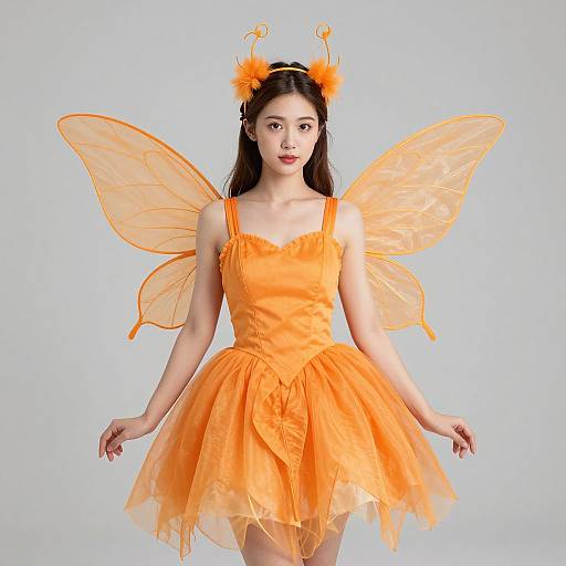 Photograph of an Asian woman in an orange fairy costume with translucent wings, orange headband with antennae, and a tulle skirt, standing against