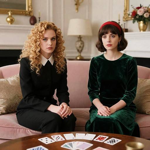 Two Women in Elegant Room with Playing Cards