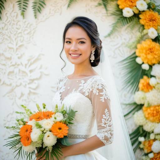 Smiling Bride in White Lace Wedding Dress