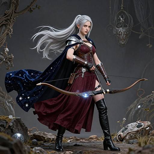 Digital artwork of a silver-haired elf warrior with pointed ears, wearing a dark red dress, black thigh-high boots, and a starry cloak, holding