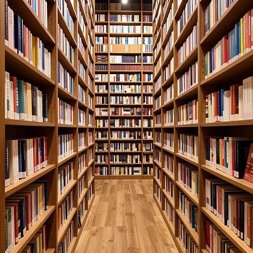Photograph of a spacious, wooden-shelved library with colorful books neatly organized on multiple levels, viewed from a central aisle.