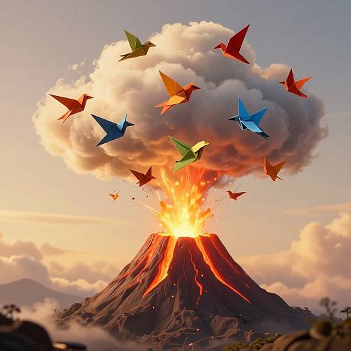 Photograph-like digital art of a volcanic eruption with colorful paper birds flying from a bright, fiery crater against a cloudy sunset sky.