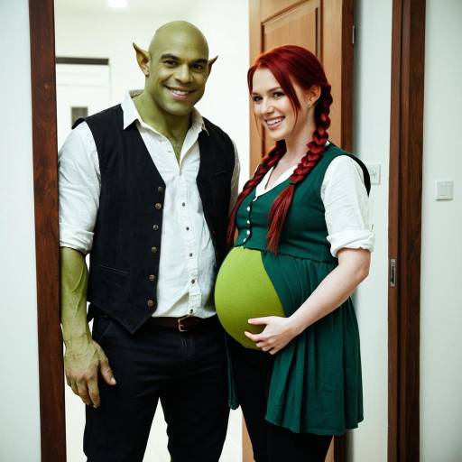 Pregnant woman with orc man in costume indoors