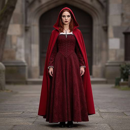 Photograph of a red-haired woman in a deep red, long-sleeve dress and matching cloak, standing in front of a gothic stone arch