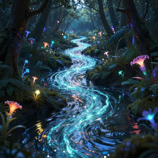Glowing River in Bioluminescent Forest