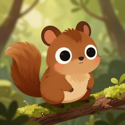 Cute, cartoon-style brown squirrel with large black eyes, sitting on a mossy tree branch in a sunlit, blurred forest background. Digital illustration