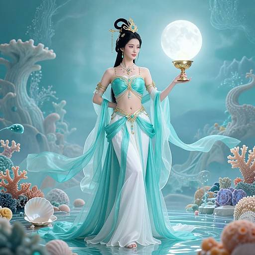 Digital art of an Asian woman in a turquoise and white ethereal harem outfit, holding a glowing bowl, standing in a surreal underwater coral reef.