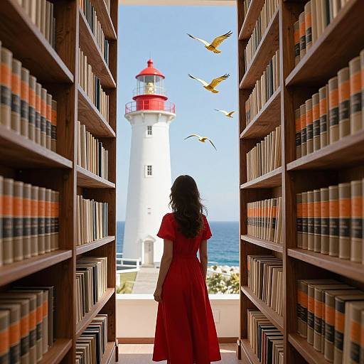 Photograph: Woman in red dress stands between bookshelves, gazing at a white lighthouse with red roof and flying birds by the sea.