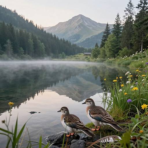 Photograph of two ducks near a misty mountain lake, surrounded by pine trees, colorful wildflowers, and reflected peaks in calm water.