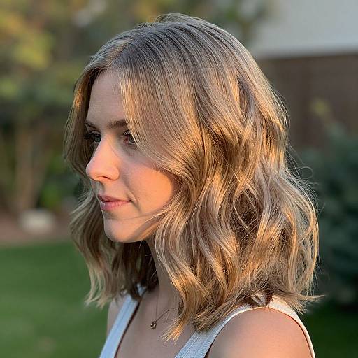 Photograph of a young woman with wavy, shoulder-length blonde hair, wearing a white tank top, standing outdoors in a sunlit garden.